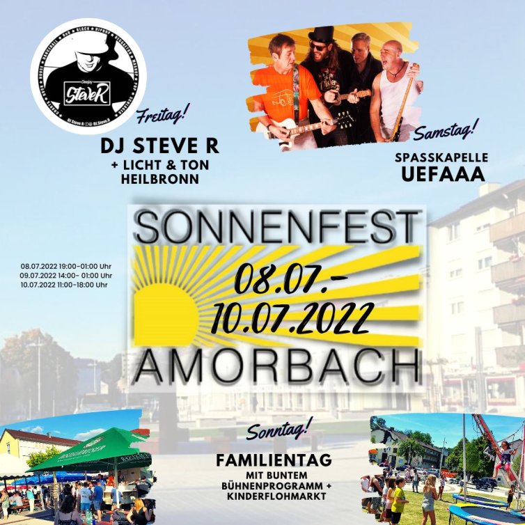 Es ist eine Werbung für das Sonnenfest 2022 in Neckarsulm Amorbach zu sehen. Das Fest findet von 8. Juli bis 10. Juli 2022 statt.